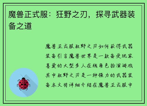 魔兽正式服：狂野之刃，探寻武器装备之道