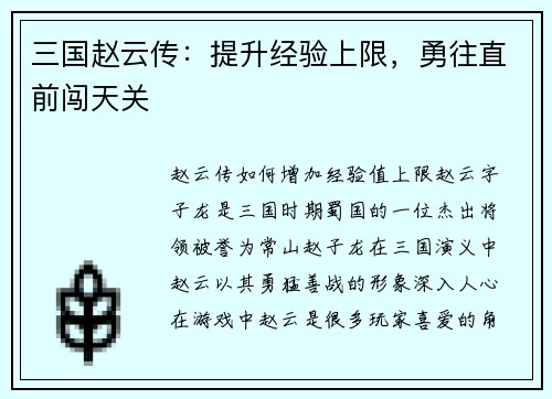 三国赵云传：提升经验上限，勇往直前闯天关