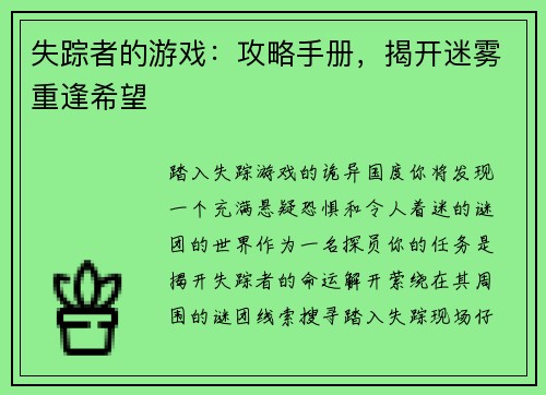 失踪者的游戏：攻略手册，揭开迷雾重逢希望